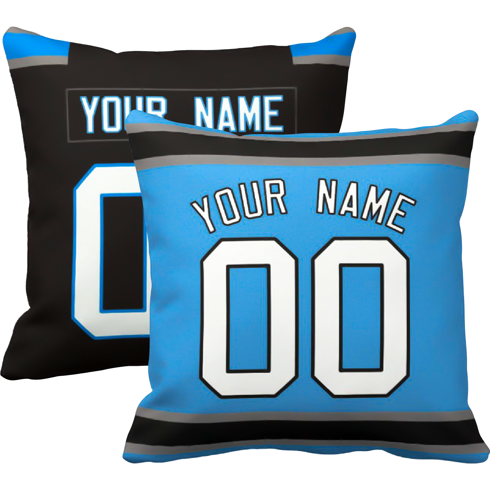 Carolina personalized football throw pillow set with custom name and number in city-inspired colors