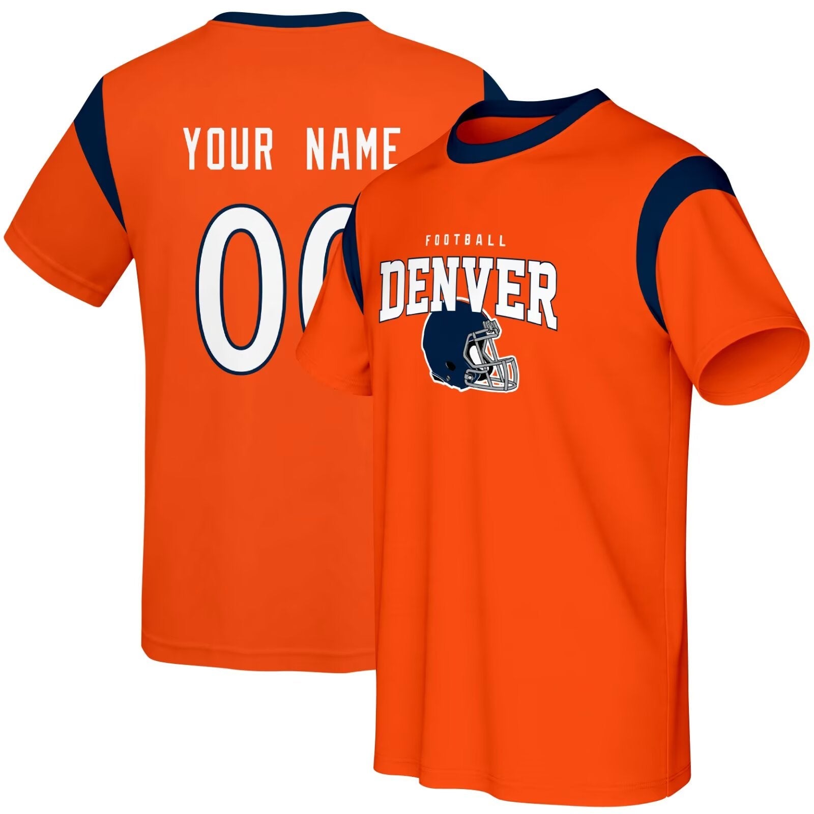 Denver football style T-shirt front and back view with custom name and number design