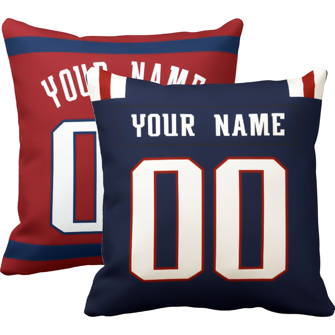 New England personalized football throw pillow set with custom name and number in city-inspired colors