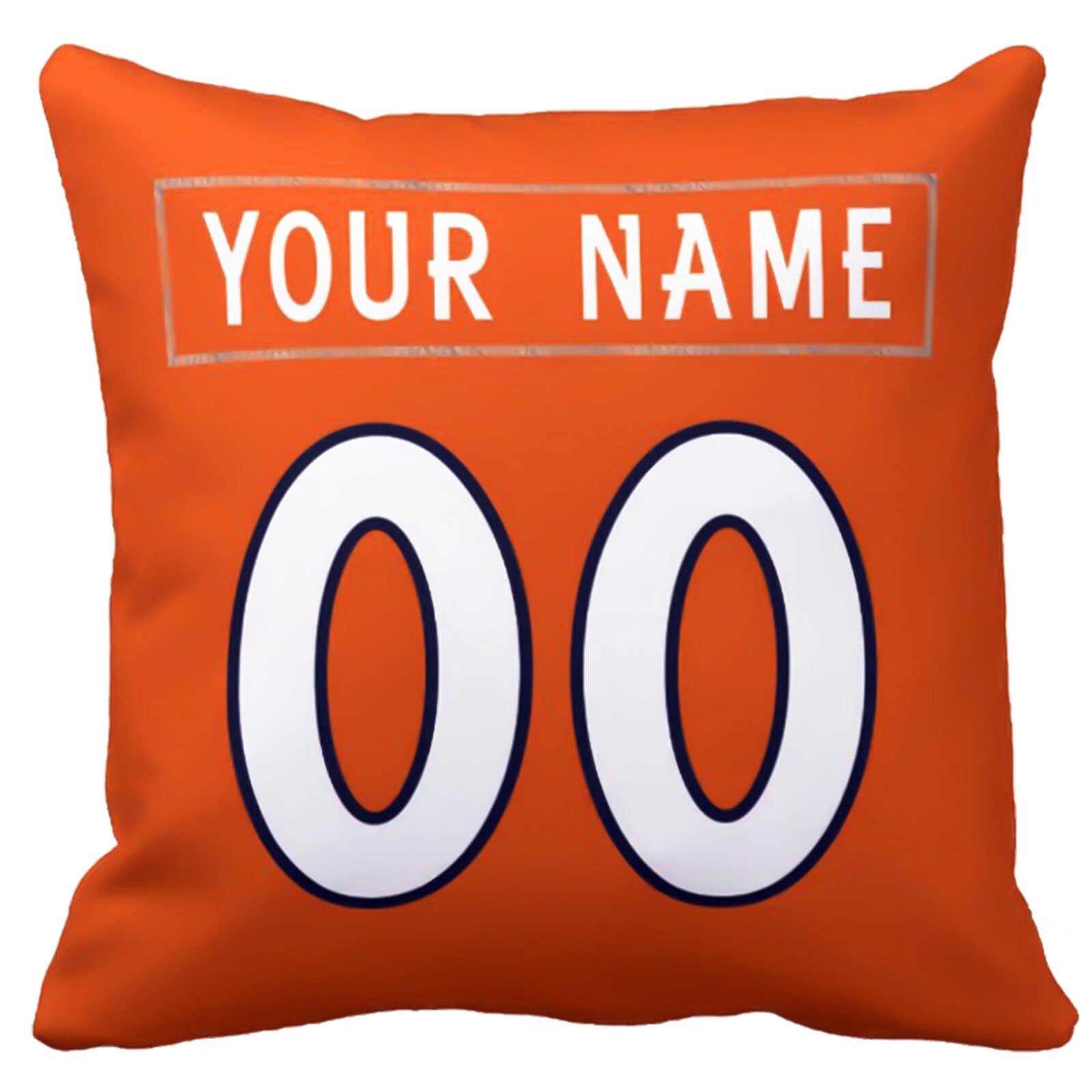 Denver football-inspired throw pillow back view with custom name and large number