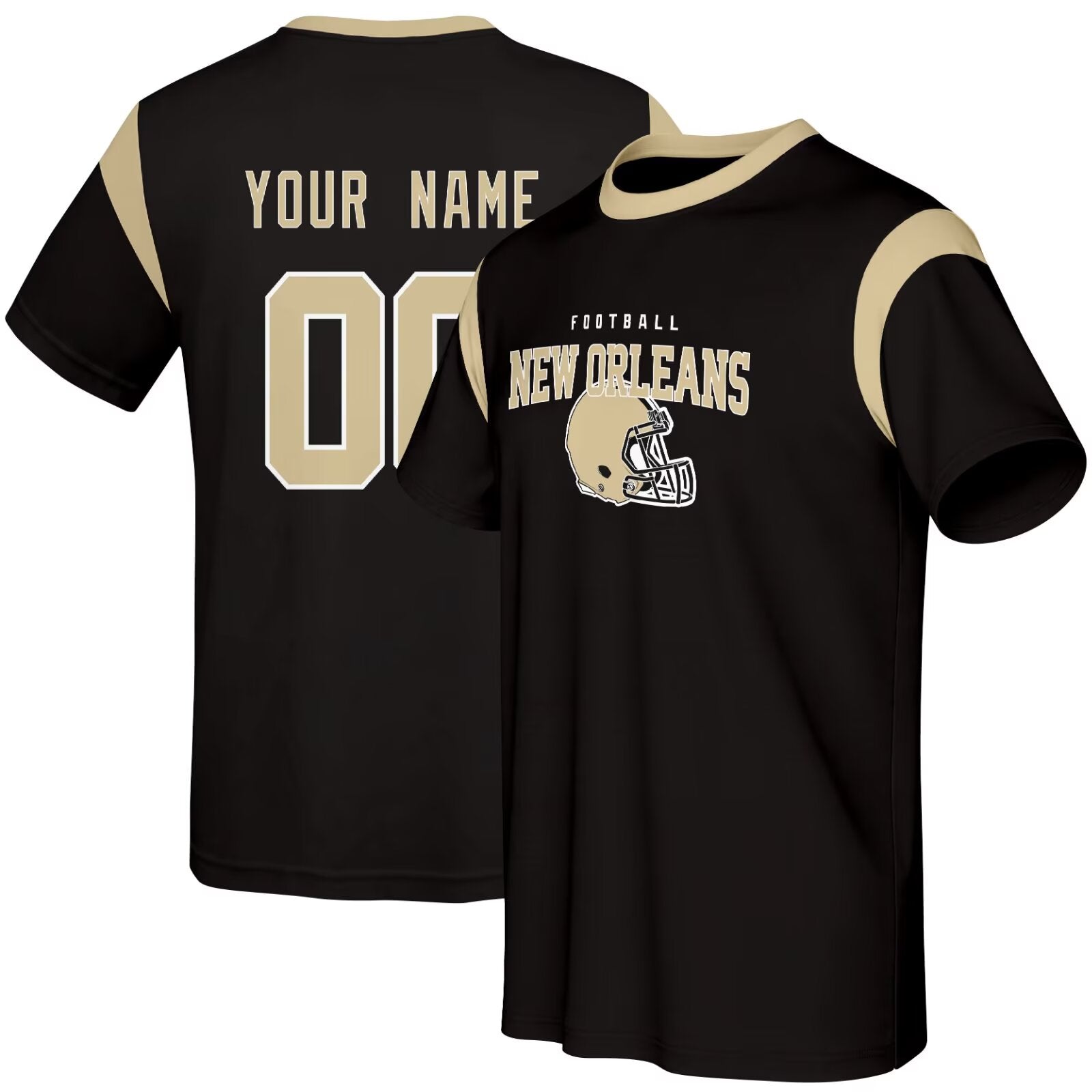 New Orleans football style T-shirt front and back view with custom name and number design
