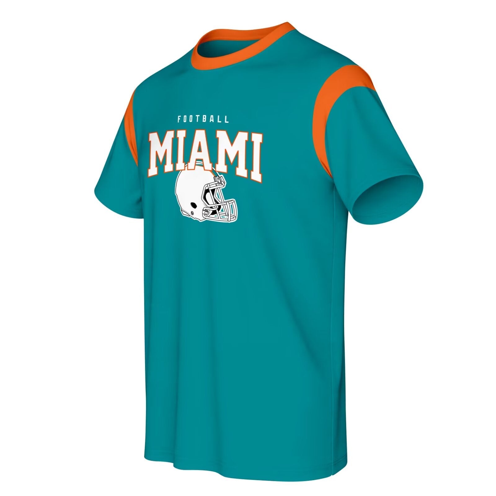 Miami football style T-shirt front view with crewneck short sleeve design