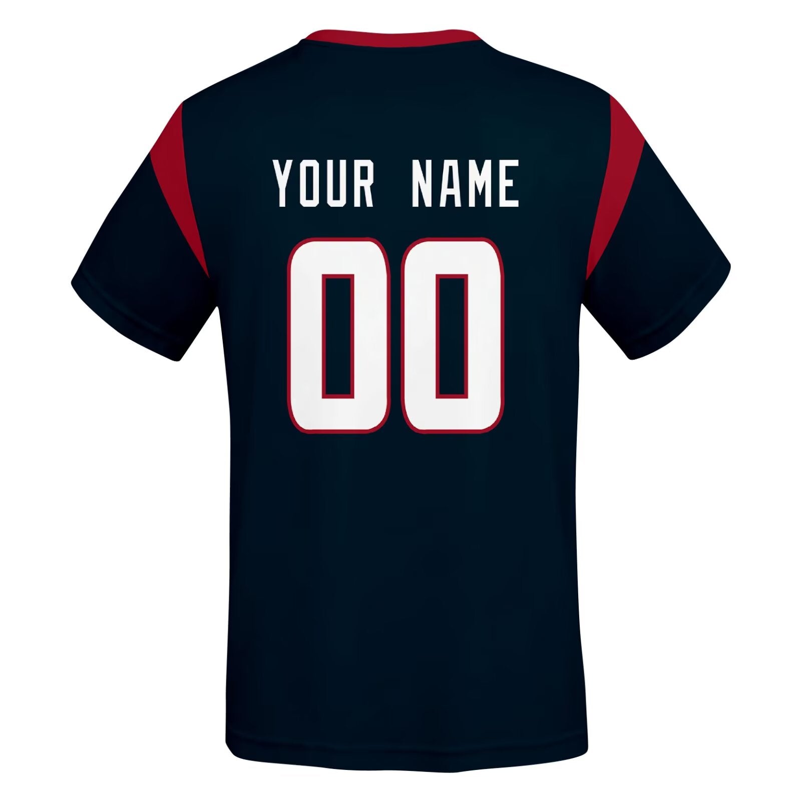 Houston football style T-shirt back view with personalized name and number print