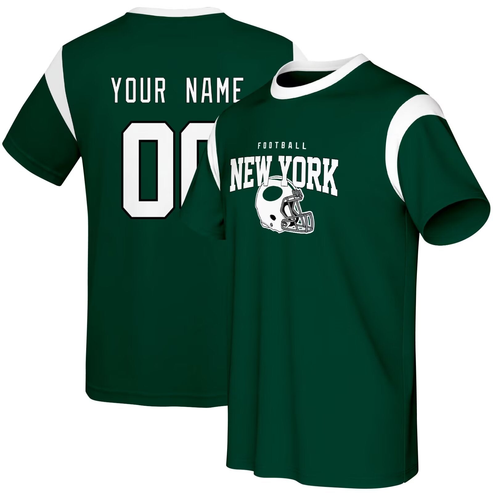 New York J football style T-shirt front and back view with custom name and number design
