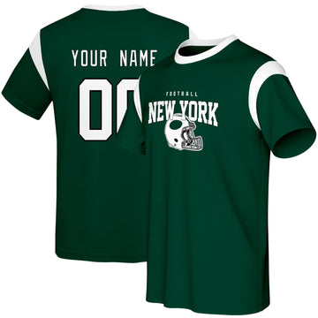 New York J football style T-shirt front and back view with custom name and number design