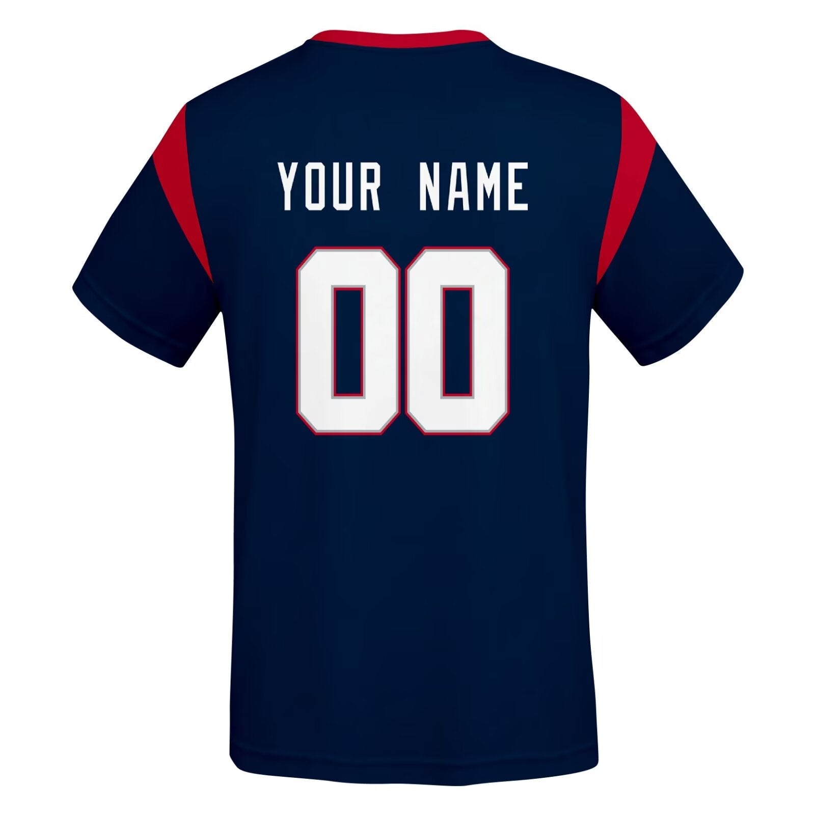 New England football style T-shirt back view with personalized name and number print