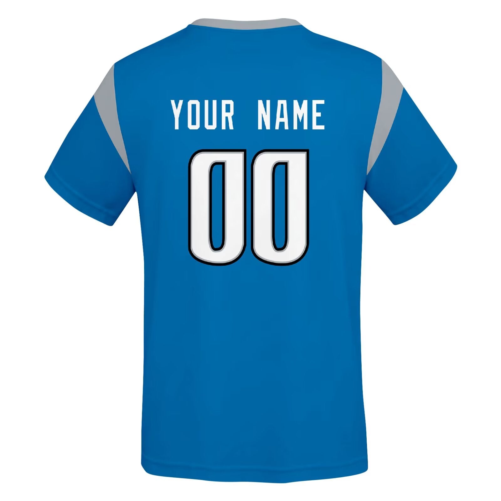 Detroit football style T-shirt back view with personalized name and number print