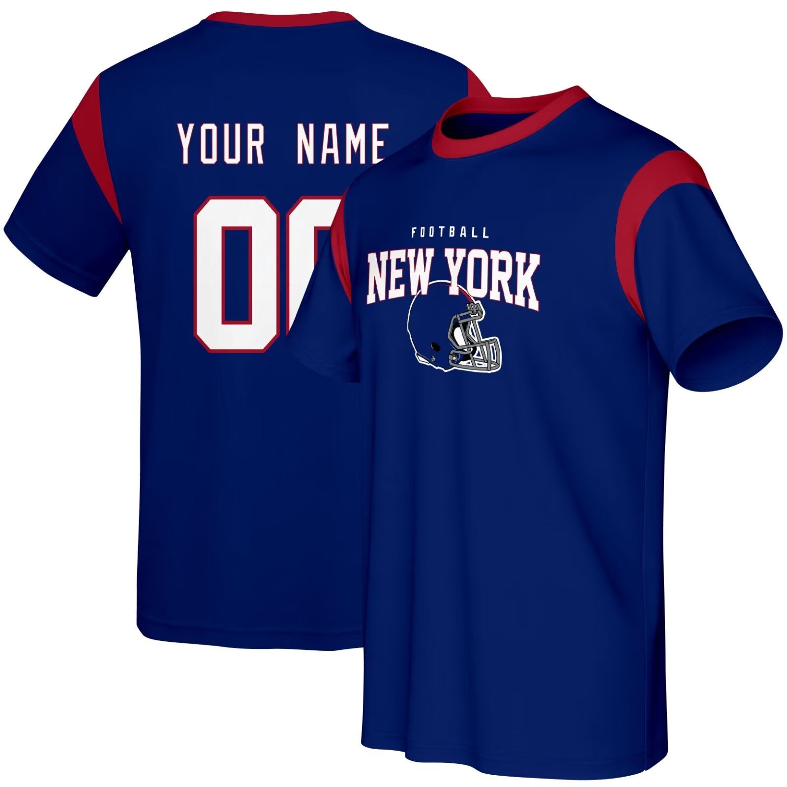 New York football style T-shirt front and back view with custom name and number design