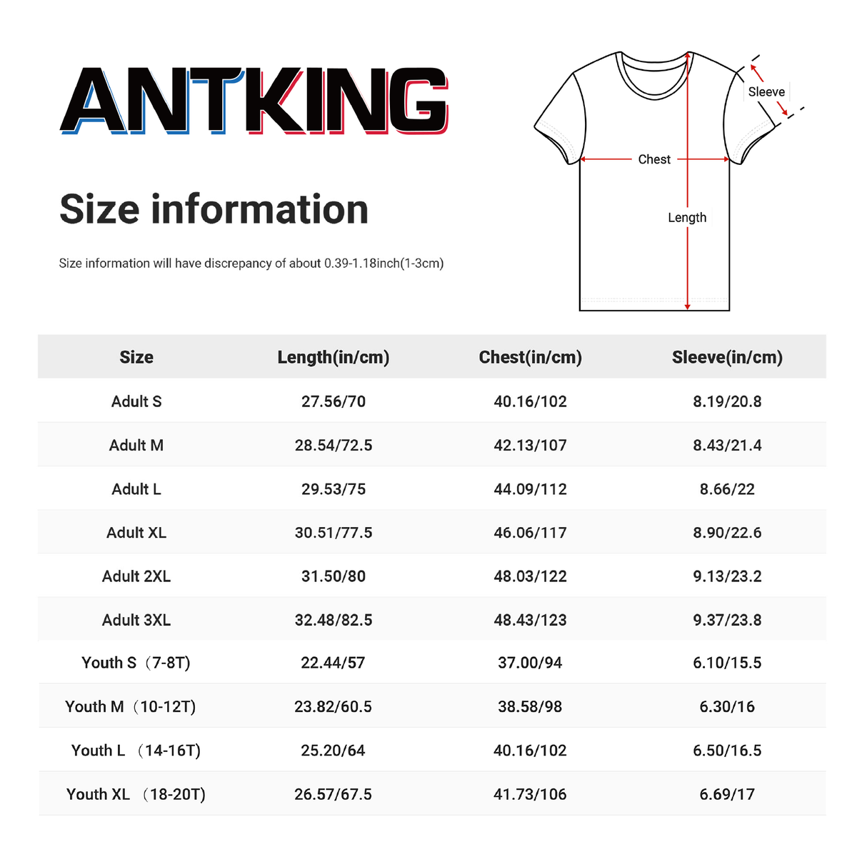 Adult and youth size chart for Arizona personalized football jersey with length chest and sleeve measurements