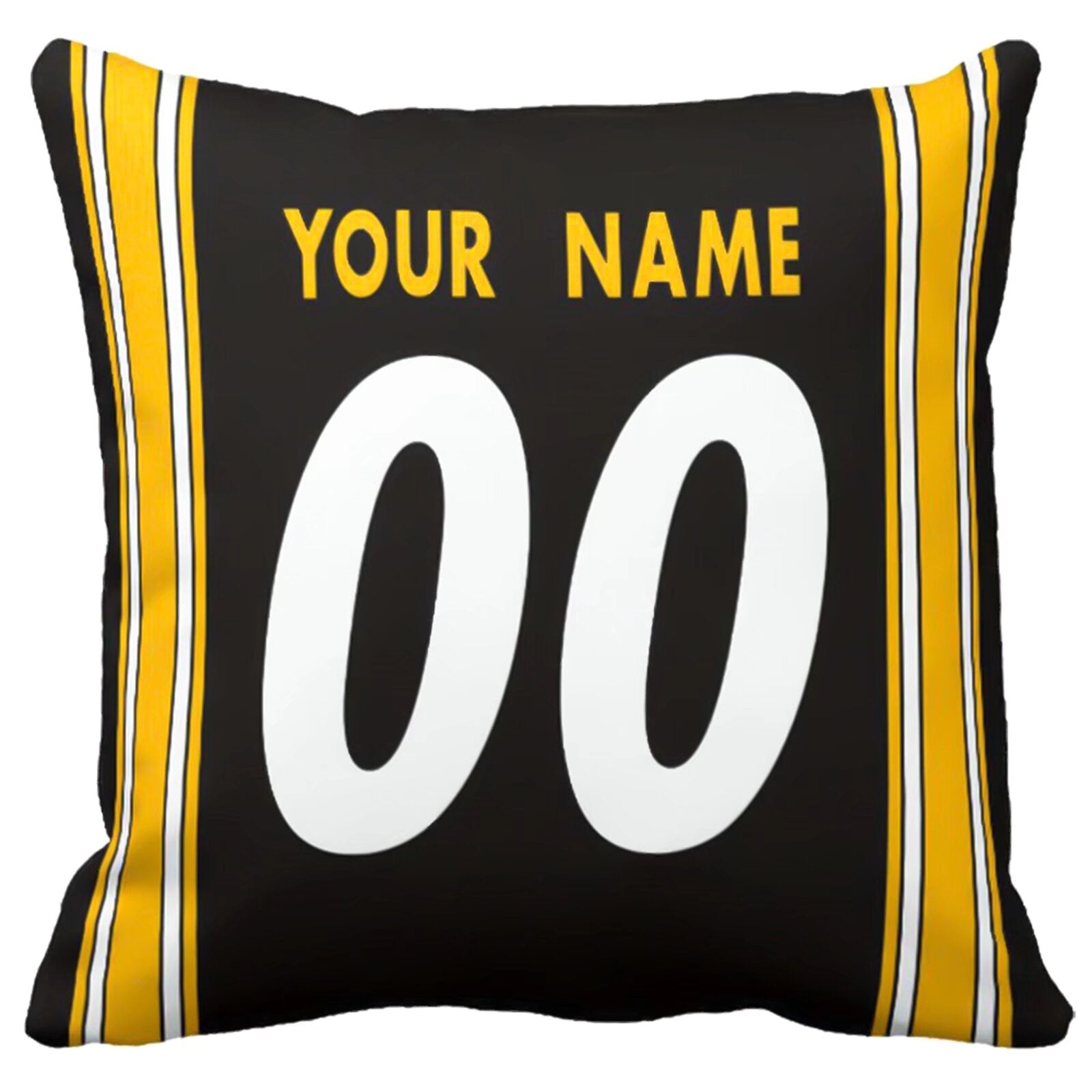 Pittsburgh custom football throw pillow front view with personalized name and number artwork