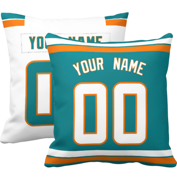 Miami personalized football throw pillow set with custom name and number in city-inspired colors