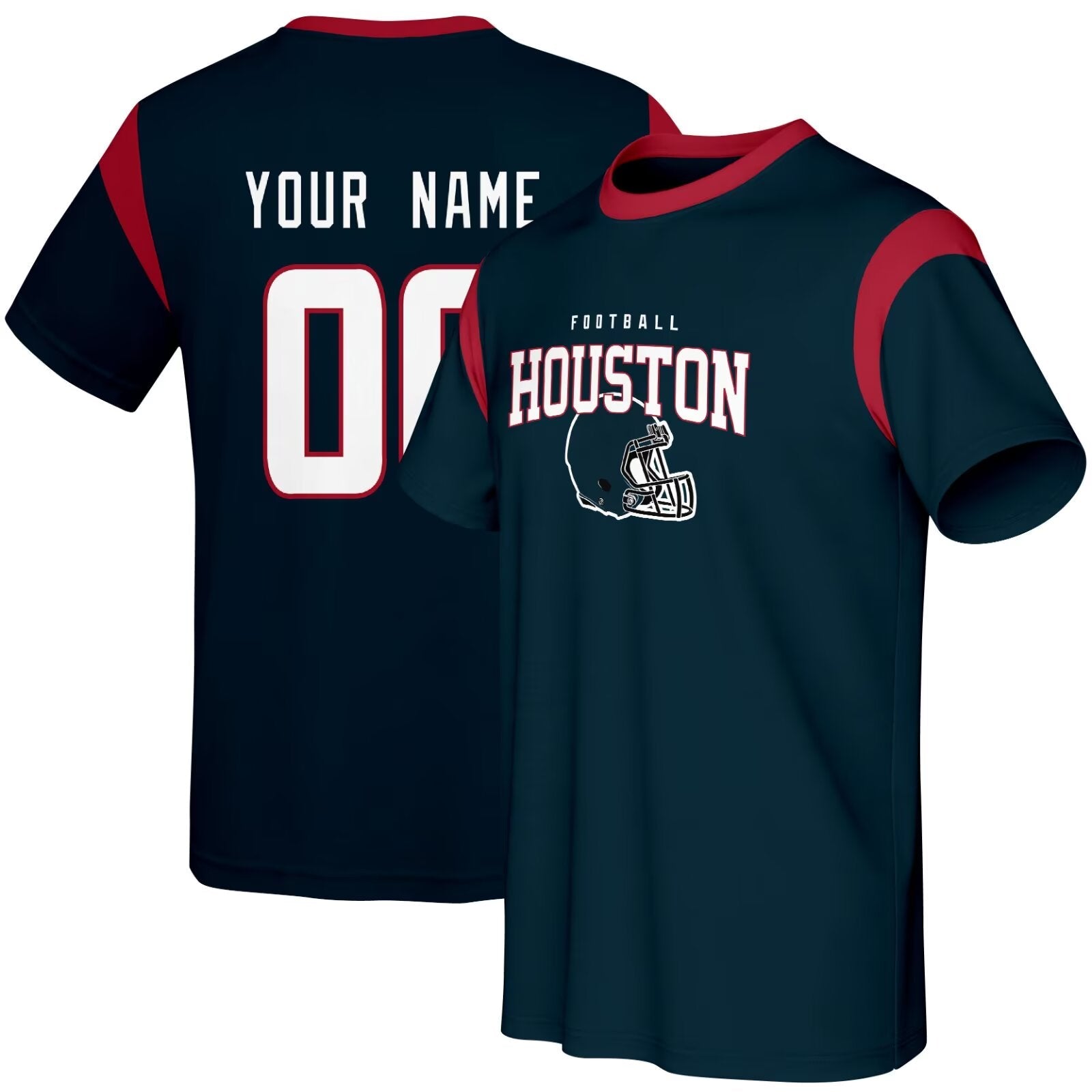Houston football style T-shirt front and back view with custom name and number design