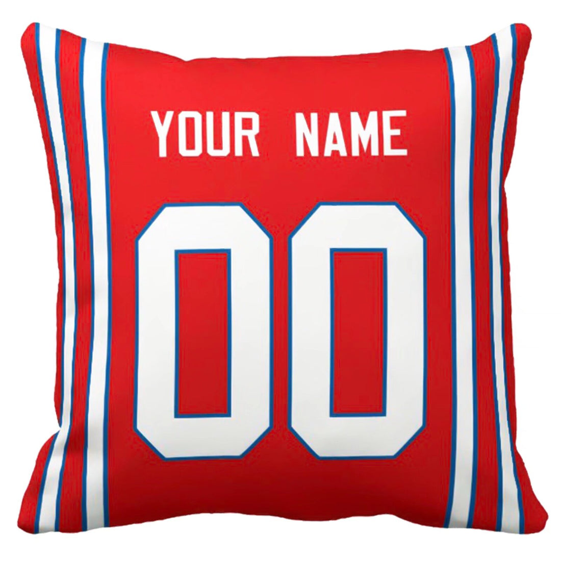 Buffalo personalized football throw pillow set with custom name and number in city-inspired colors