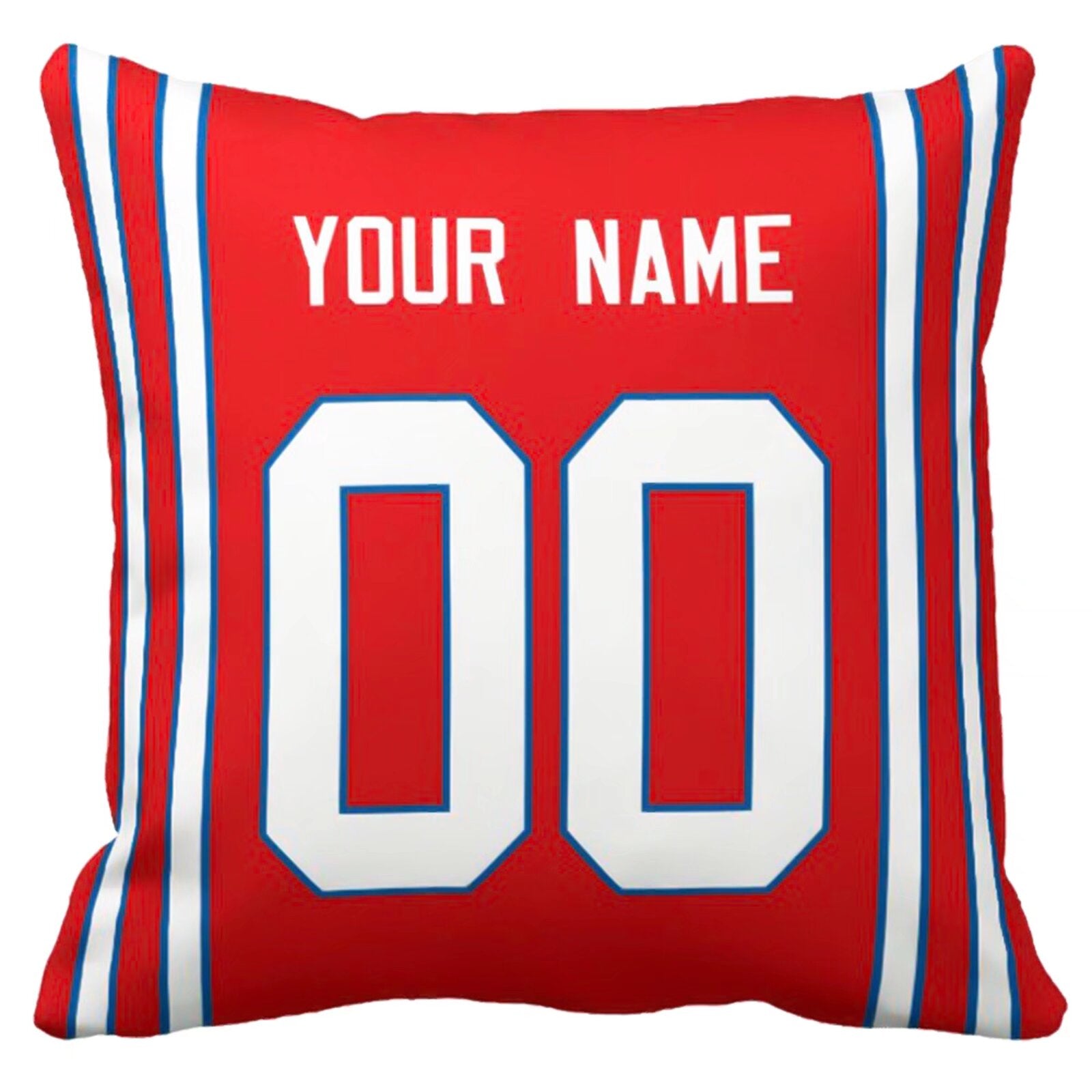 Buffalo custom football throw pillow front view with personalized name and number artwork