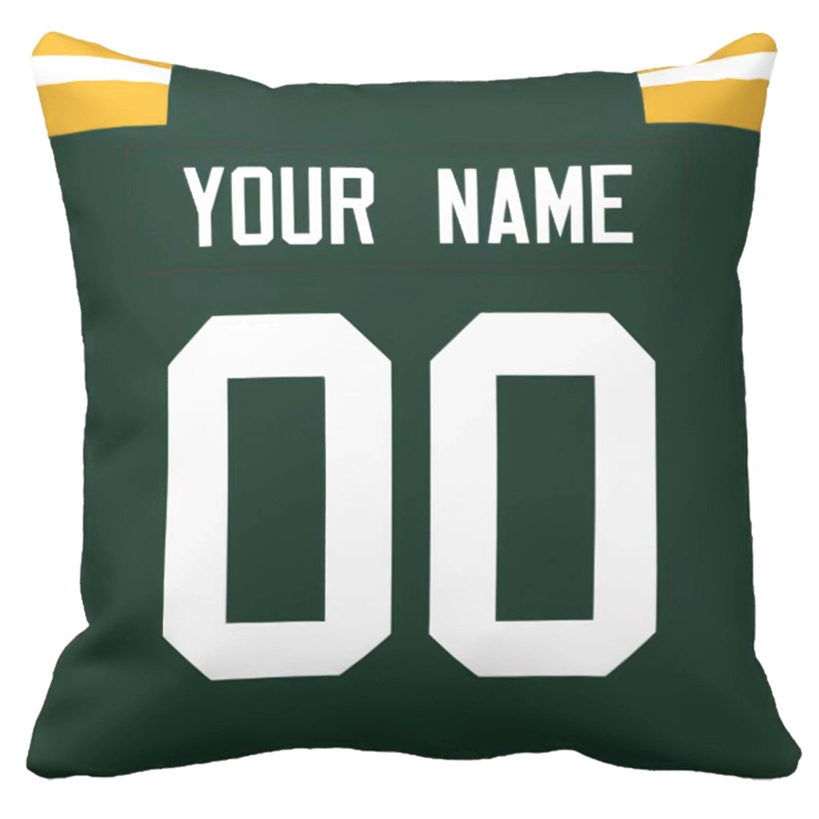 Green Bay custom football throw pillow two-tone product view with name and number