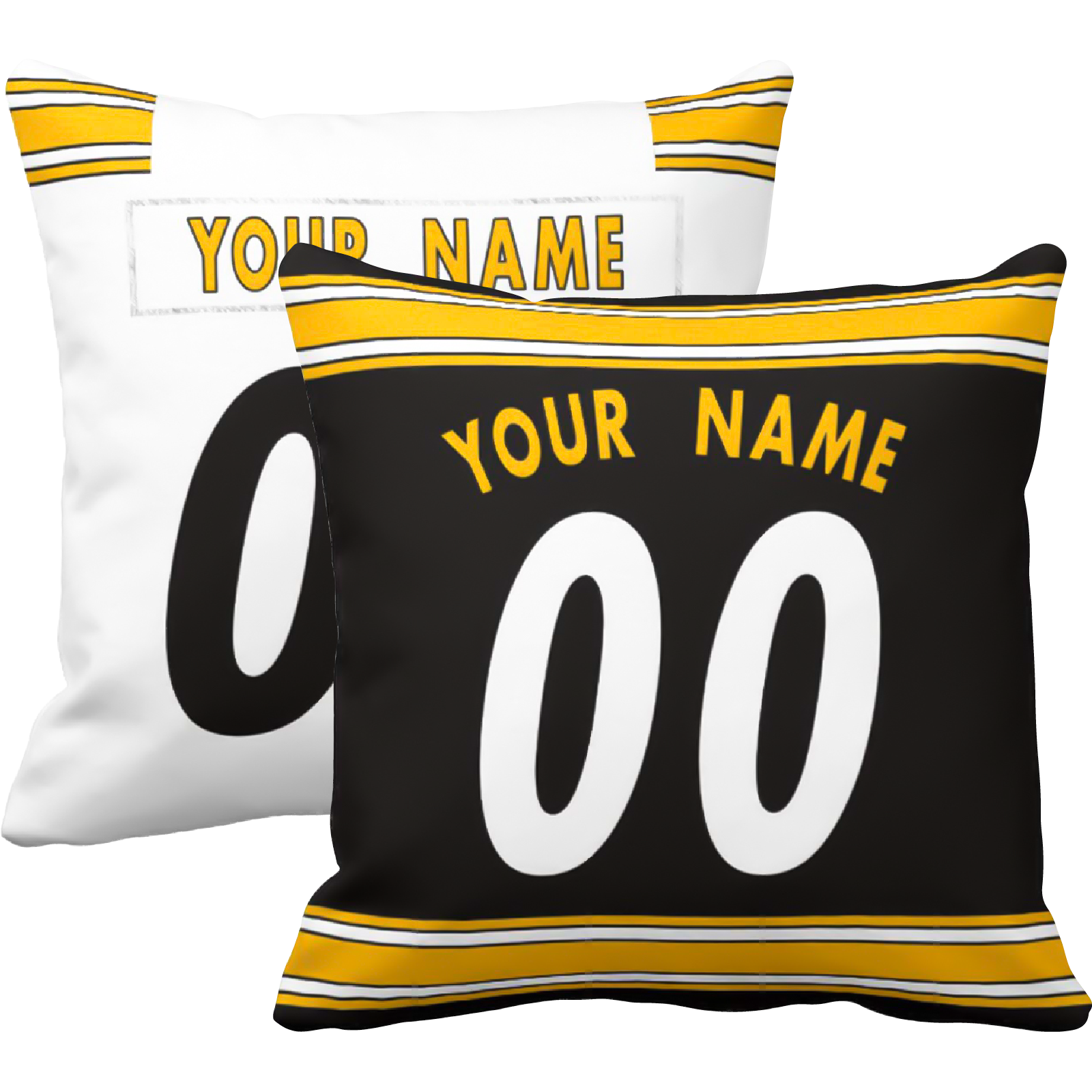 Pittsburgh personalized football throw pillow set with custom name and number in city-inspired colors