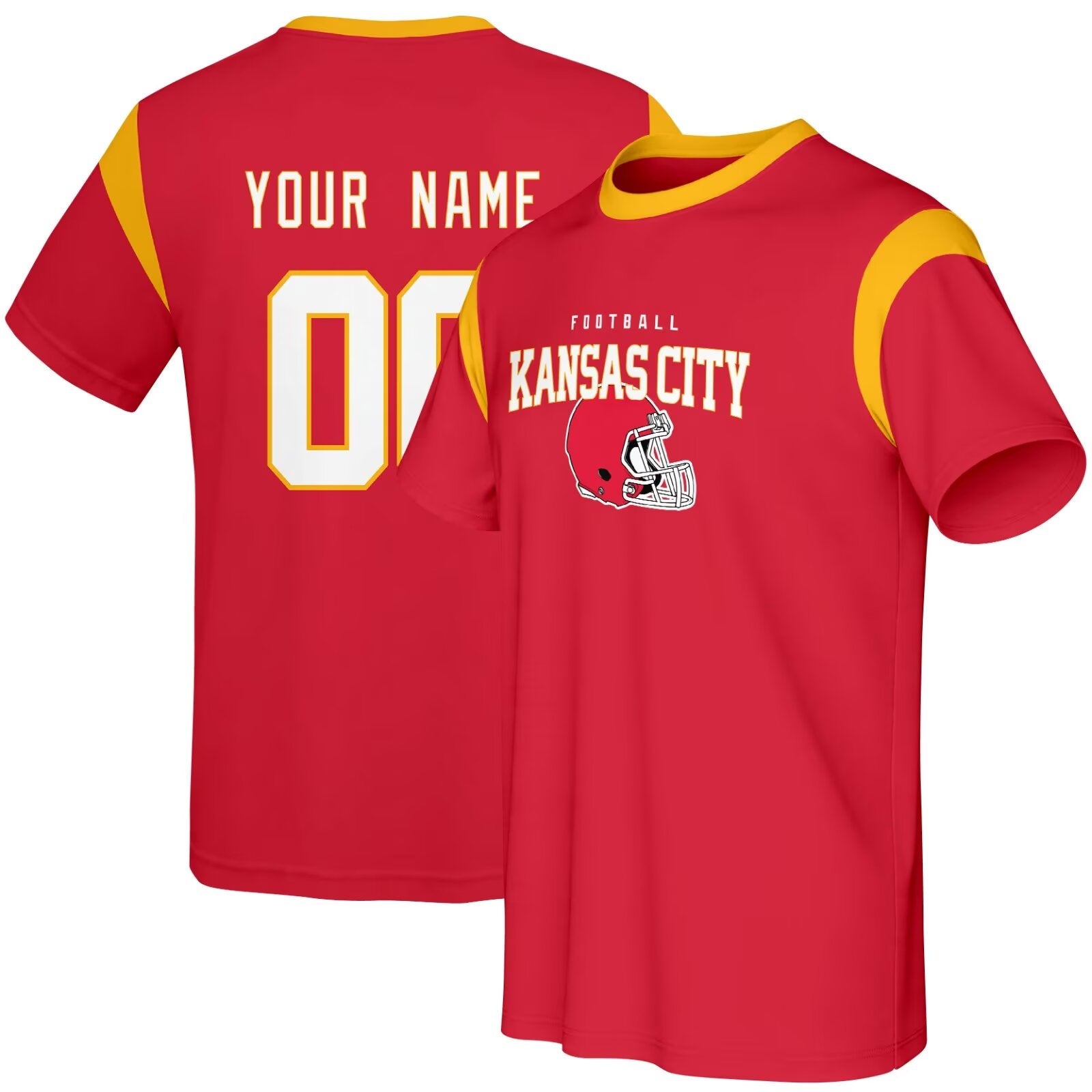 Kansas football style T-shirt front and back view with custom name and number design