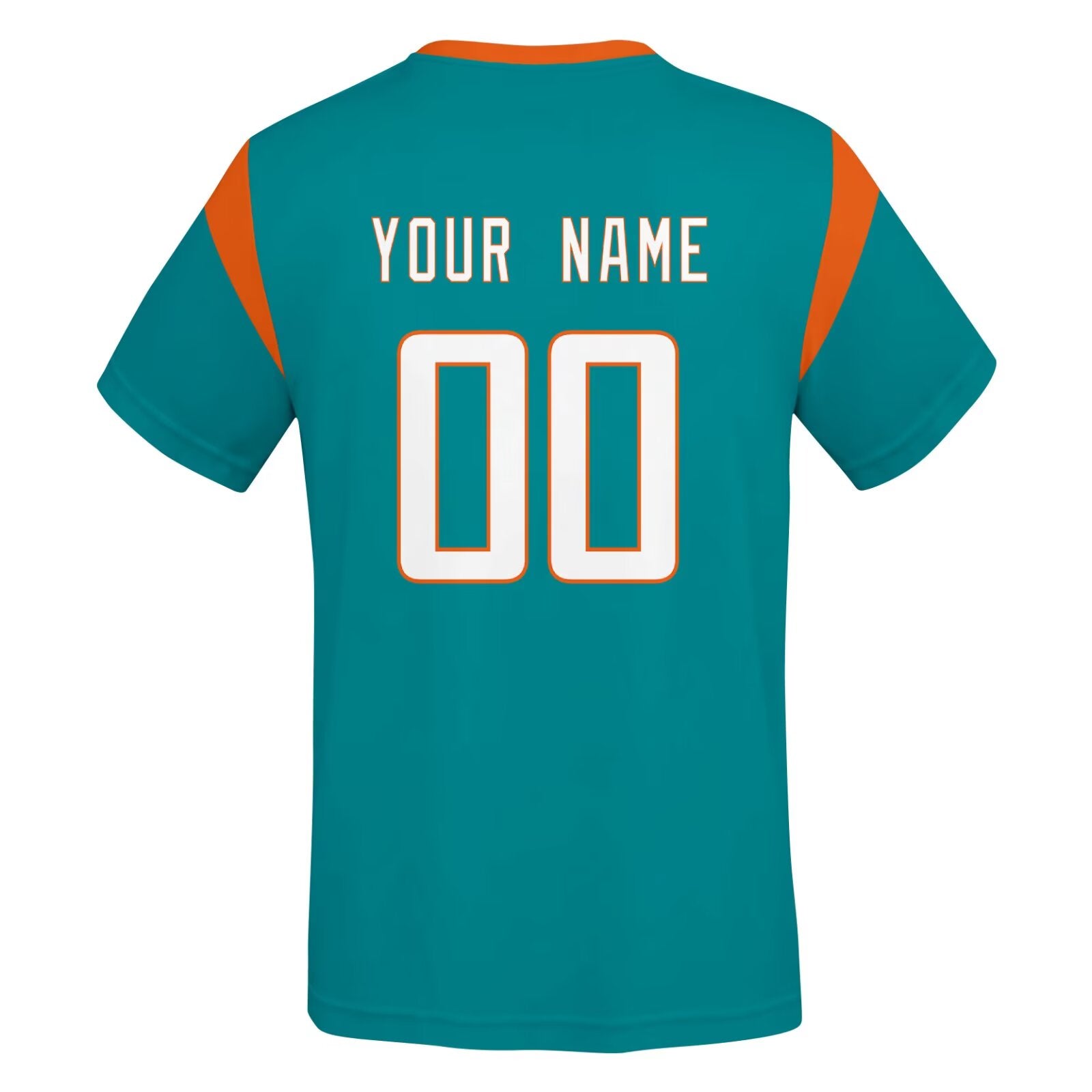 Miami football style T-shirt back view with personalized name and number print