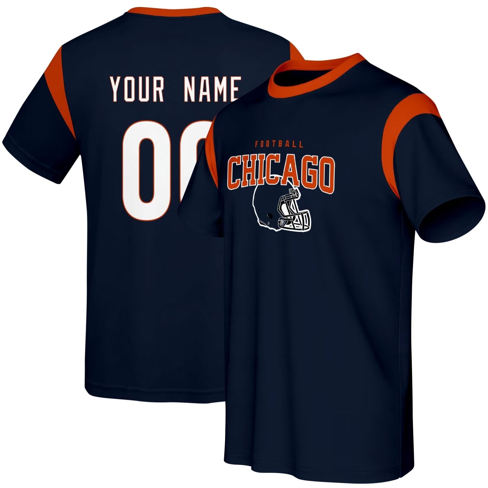 Chicago football style T-shirt front and back view with custom name and number design