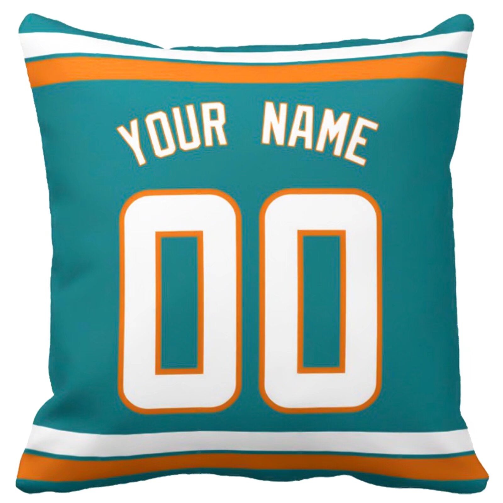 Miami football-inspired throw pillow back view with custom name and large number