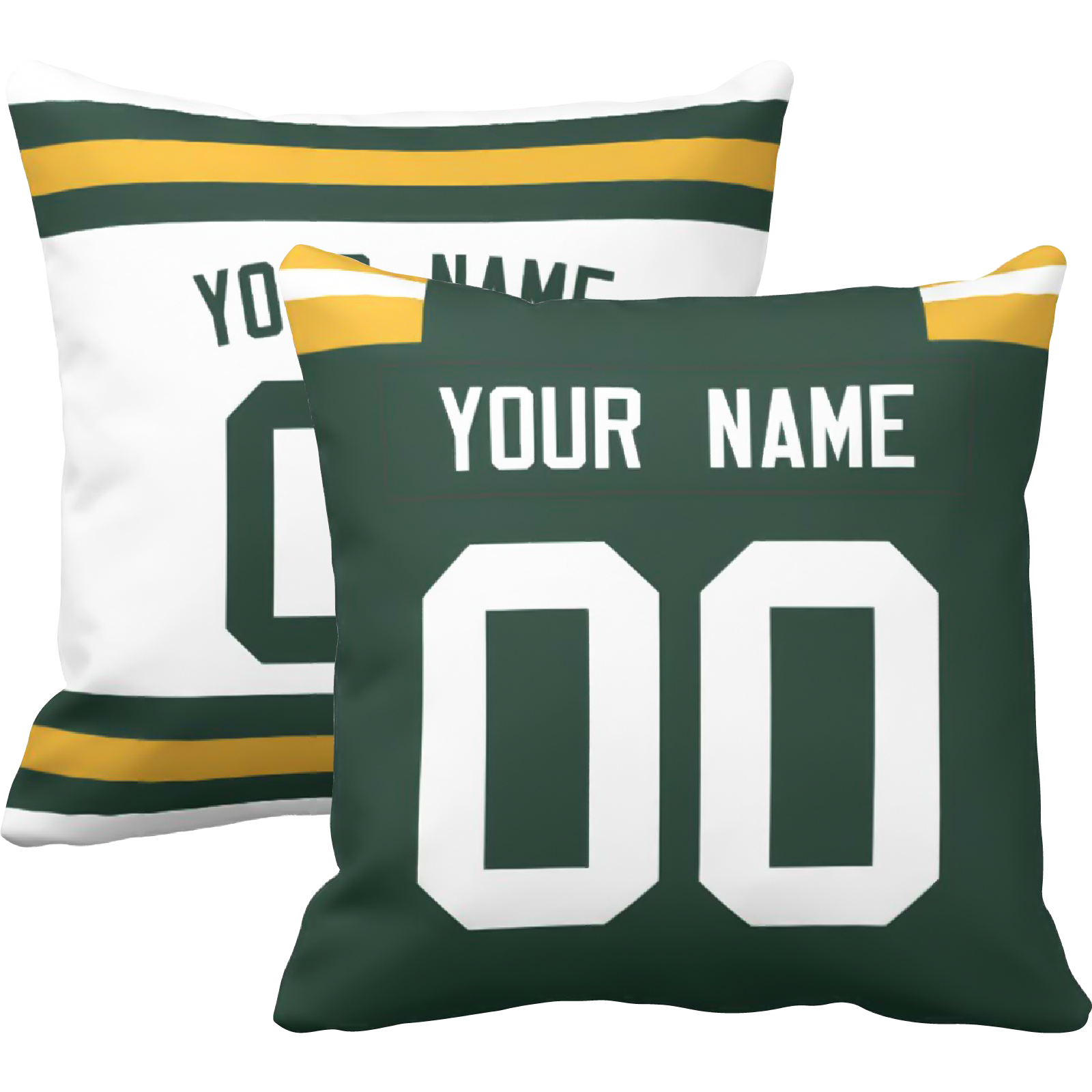 Green Bay personalized football throw pillow set with custom name and number in city-inspired colors