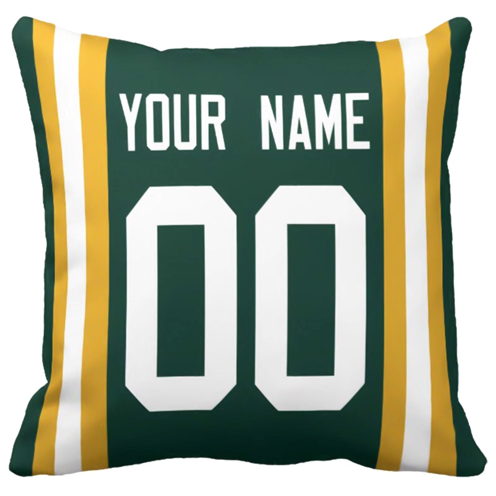 Green Bay football-inspired throw pillow back view with custom name and large number