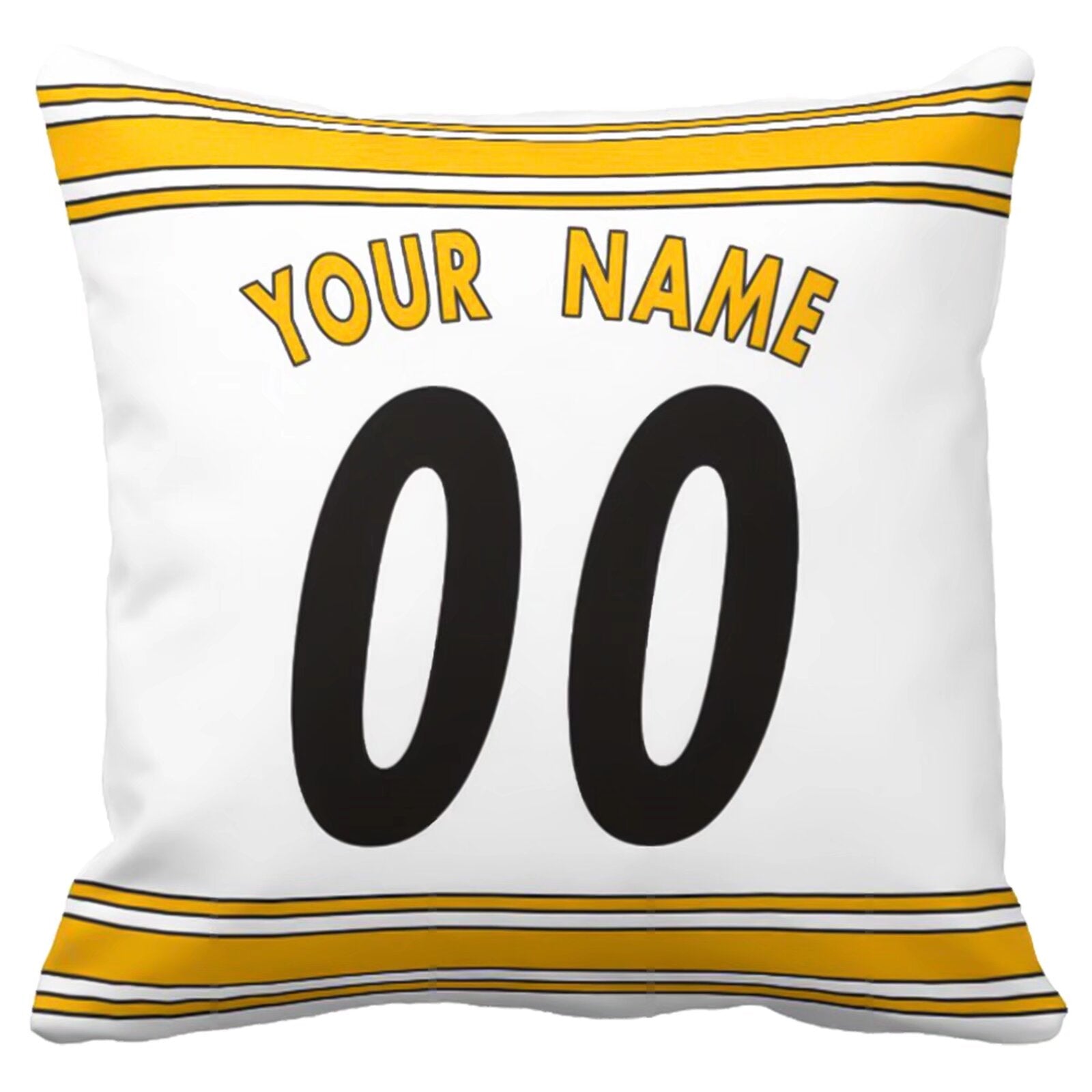 Pittsburgh football-inspired throw pillow back view with custom name and large number