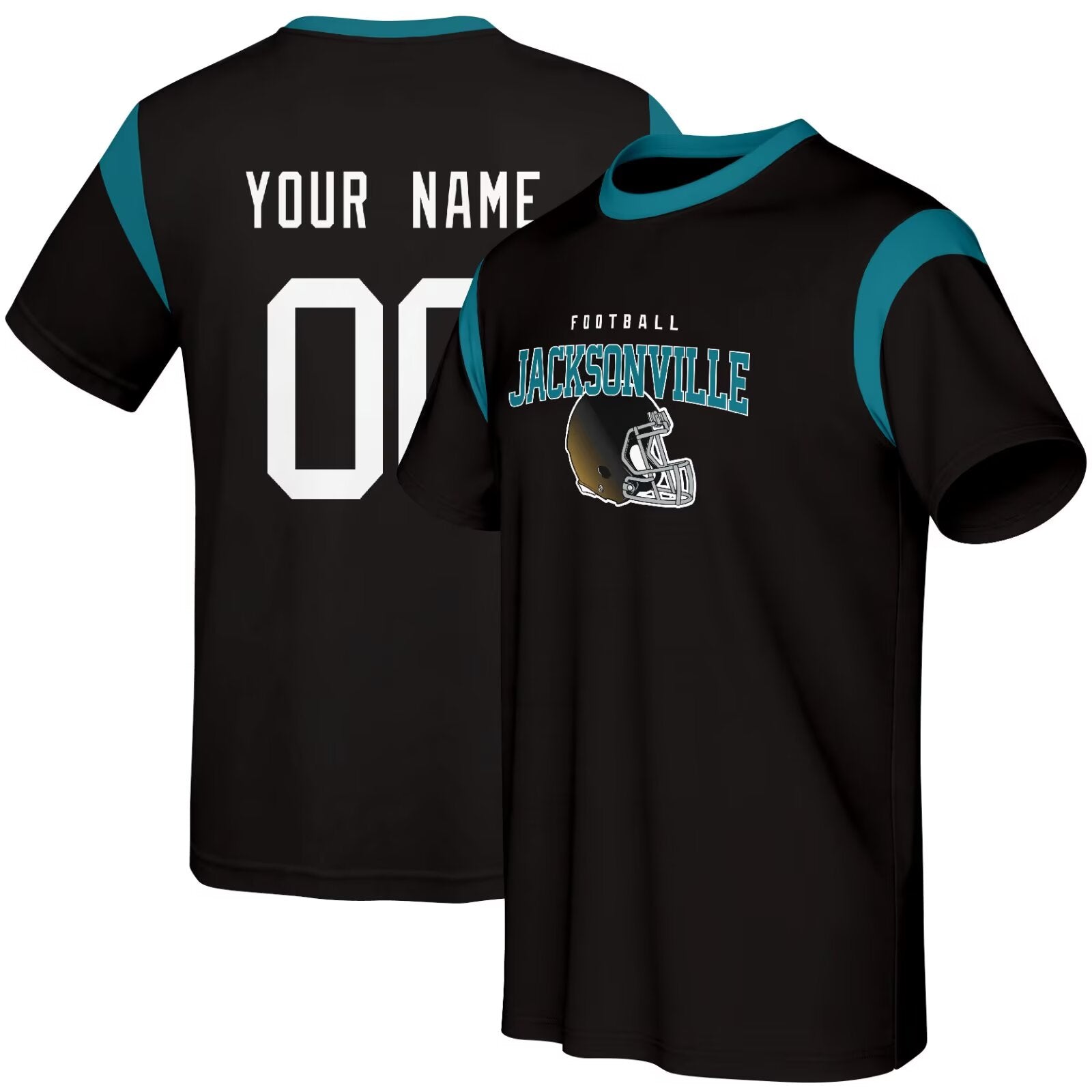 Jacksonville football style T-shirt front and back view with custom name and number design