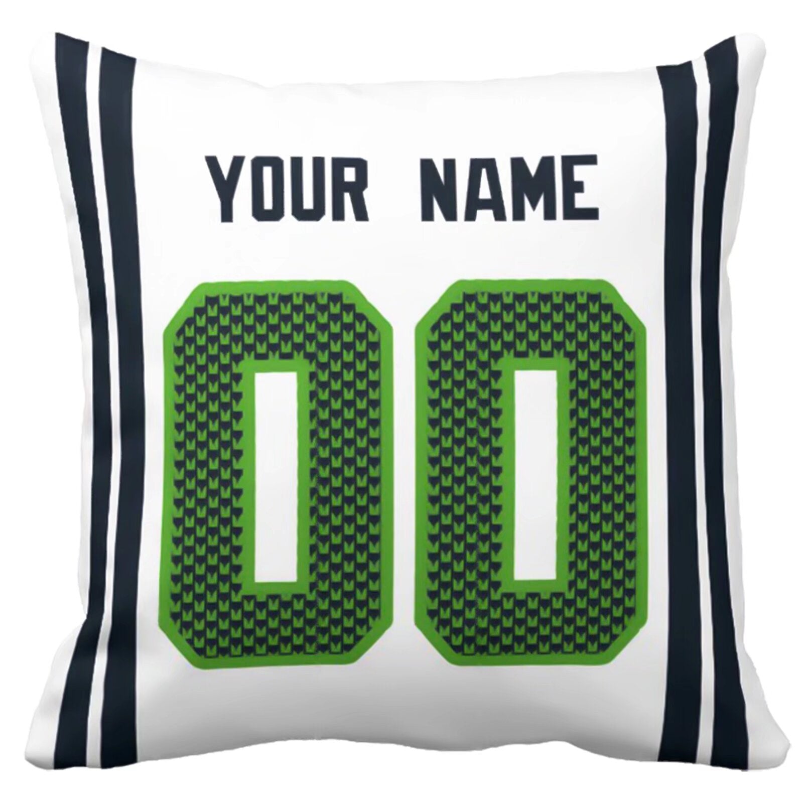 Seattle football-inspired throw pillow back view with custom name and large number