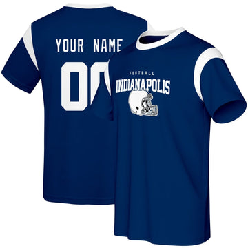 Indianapolis football style T-shirt front and back view with custom name and number design