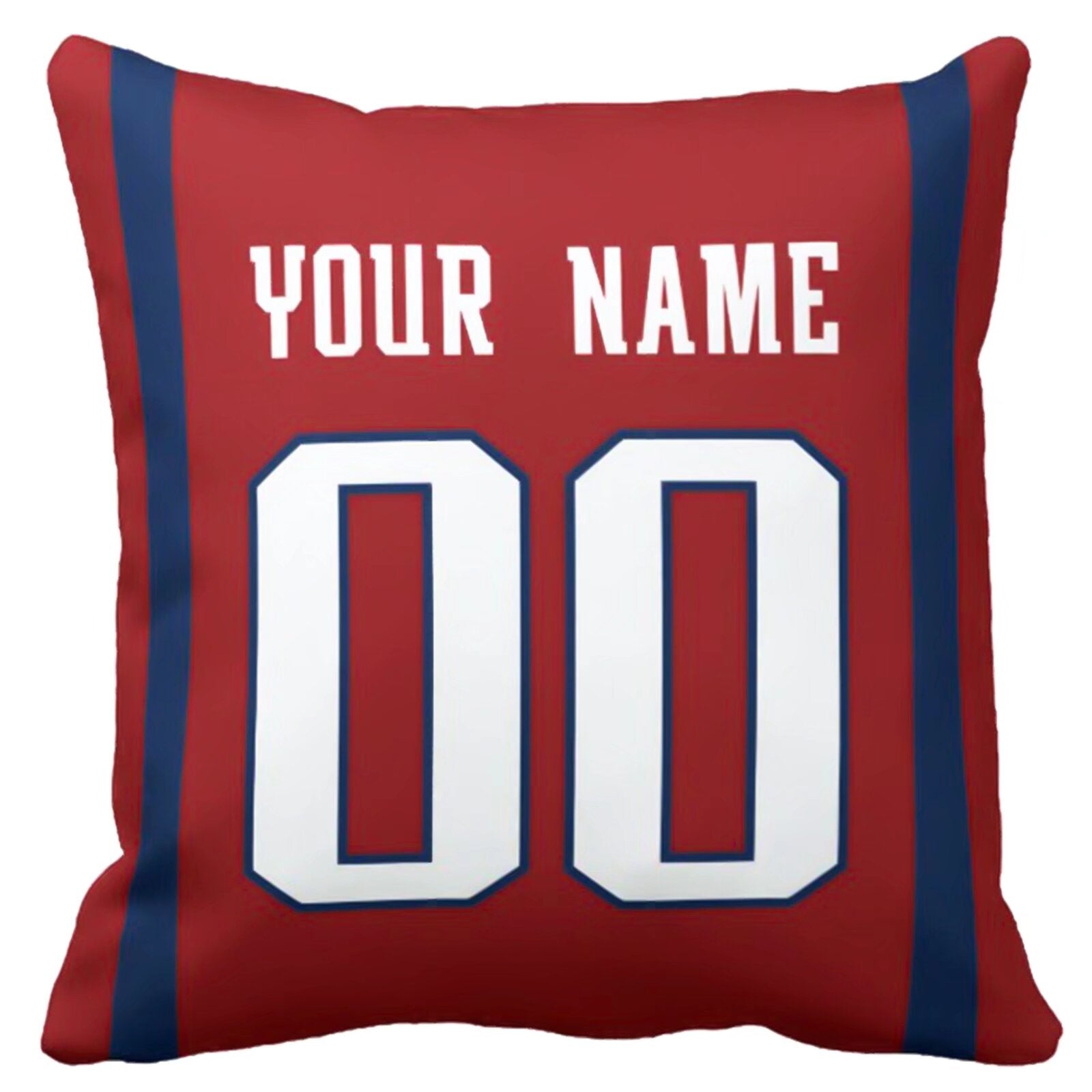 New England personalized football pillow alternate front view with name and number design