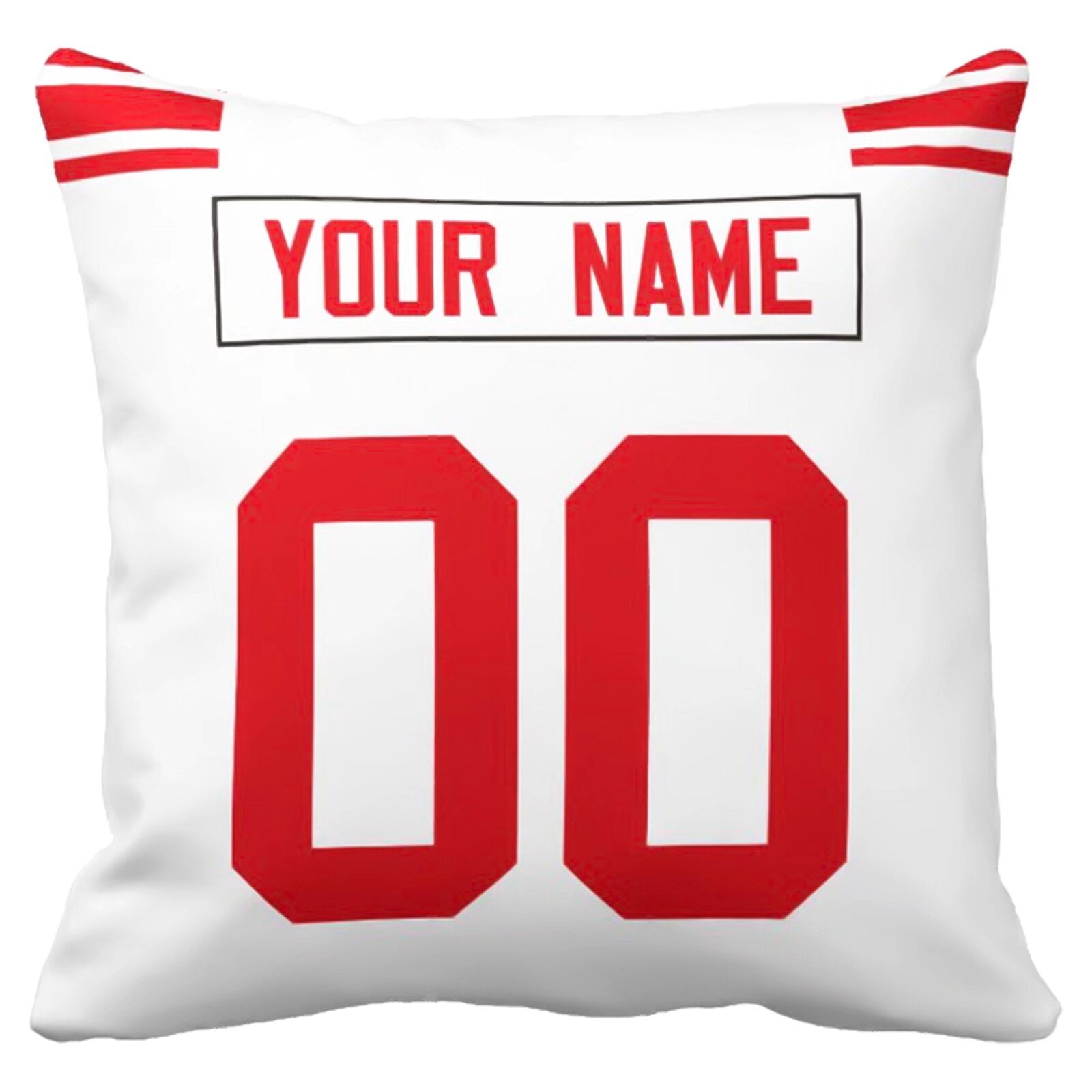 New York football-inspired throw pillow back view with custom name and large number